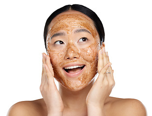 Image showing Face, beauty and a woman with coffee mask or scrub for skin glow, health and wellness. Headshot of asian female model excited for dermatology or natural facial isolated on transparent, png background