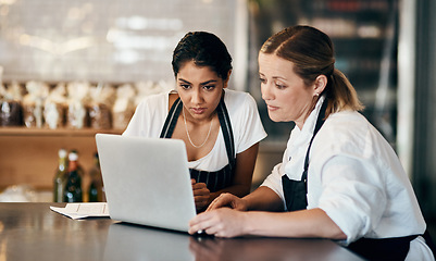 Image showing Partner up with someone who matches your hustle. Shot of two women using a laptop together while working in a cafe.