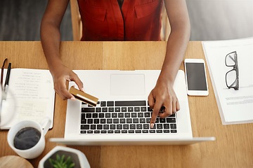 Image showing Credit card, laptop and payment with hands of woman for online shopping, ecommerce or internet store. Above female entrepreneur at desk with keyboard for banking, booking website for business