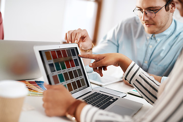 Image showing Help me choose a colour. Cropped shot of two young businesspeople sitting together and working with colour schemes on a laptop in the office.