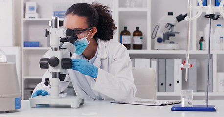 Image showing Science, vaccine and microscope with woman in laboratory for expert research, medical and planning. Test, covid analysis and medicine with female scientist for chemistry, healthcare and pharmacy