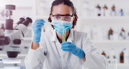 Image showing Lab plant analytics, woman scientist mask and ecology pour of a employee with science work. Laboratory worker, medical test and chemistry for botany, biology and health analysis doing research