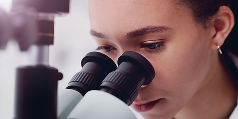 Image showing Science, focus and microscope with woman in laboratory for expert research, medical and planning. Test, vaccine analysis and medicine with female scientist for chemistry, healthcare and pharmacy