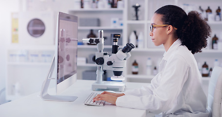 Image showing Computer, science and research with woman in laboratory for future, pharmacy and medical. Healthcare, technology and study analysis with female scientist for medicine, expert and online report