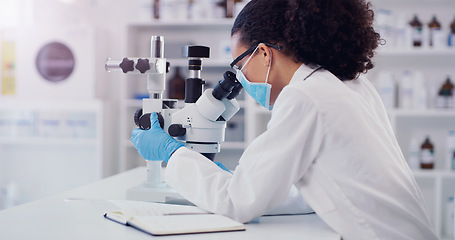 Image showing Notebook, covid and microscope with woman in laboratory for science research, medical and planning. Idea, vaccine analysis and medicine with female scientist for chemistry, healthcare and pharmacy