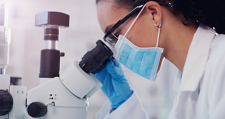 Image showing Vaccine, covid and microscope with woman in laboratory for expert research, medical and planning. Test, science analysis and medicine with female scientist for chemistry, healthcare and pharmacy