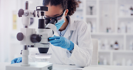 Image showing Science, covid and research with woman and microscope in laboratory for expert, medical and planning. Test, vaccine analysis and medicine with female scientist for chemistry, healthcare and pharmacy