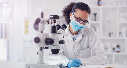 Image showing Science, writing and microscope with woman in laboratory for expert research, medical and planning. Covid, vaccine analysis and medicine with female scientist for chemistry, healthcare and pharmacy