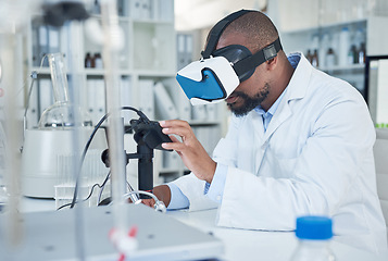 Image showing Medical science, virtual reality and a man with a headset for innovation, future and research. Black male person as a scientist with vr glasses for ai healthcare, metaverse and 3d medicine in a lab