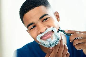 Image showing Hair removal, mirror and shaving with man in bathroom for grooming, morning routine and cleaning. Skincare, razor and self care with face of male person at home for facial, beard and hygiene