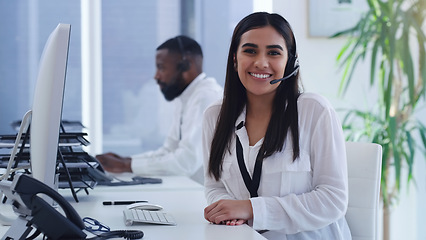 Image showing Call center, smile and portrait of business woman in office for customer service, technical support or consulting. Communication, contact us and help desk with employee for advisory, solution or sale