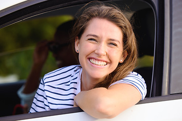 Image showing Travel, portrait and happy woman in a car window with freedom, smile and vacation or trip. Transport, passenger and face of excited female person in a vehicle for journey, holiday or road trip