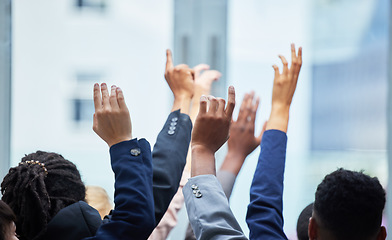 Image showing Meeting, conference and business people raise hands for speaking at a corporate seminar. Diversity, tradeshow and closeup of group of employees with a question gesture at a convention in the office.