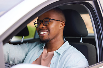 Image showing Travel, road trip and happy man in a car for driving, freedom and vacation, adventure or weekend trip. Transport, driver and African male in a vehicle for journey, holiday or a solo drive in the city