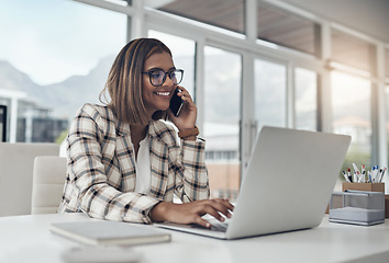 Image showing Laptop, phone call and business woman in office for planning, networking and communication. Digital, technology and connection with female employee typing for contact, entrepreneur and online