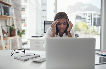 Image showing Headache, pain and business woman on laptop for stress, budget problem and mental health risk in office. Anxiety, fatigue or tired indian person on computer with migraine, debt crisis or job burnout