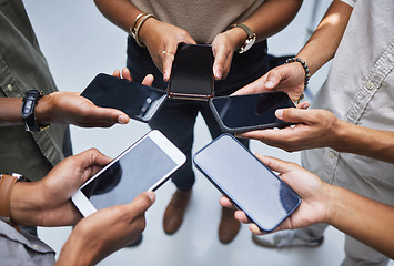 Image showing Group, mockup phone screen and circle of people with mobile app, multimedia network and contact from above. Closeup, hands and team with smartphone technology, digital download and sharing UI data