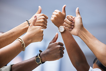 Image showing Closeup, people and thumbs up for collaboration, agreement and support of team building achievement. Group, thumb and hands sign for thank you, success and emoji for yes, vote and winning bonus goals