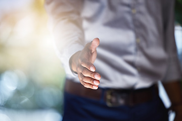 Image showing Closeup, man and offer handshake for introduction, meeting and hello for interview, networking and trust. Worker stretching for shaking hands, welcome and thank you for HR agreement of promotion deal