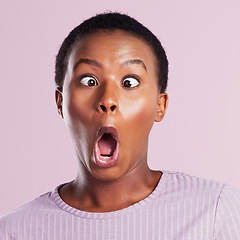 Image showing Woman, squinting and portrait in pink studio background with closeup in africa on emoji. Female person, face and squint eyes with funny expression for comedy with goofy girl with joy and humour.