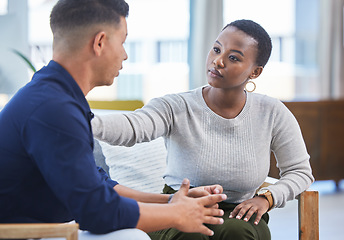 Image showing Black woman, office and console man in stress, panic or talking with mental health support in workplace. Professional, businesswoman and care for employee, coworker or management of work pressure