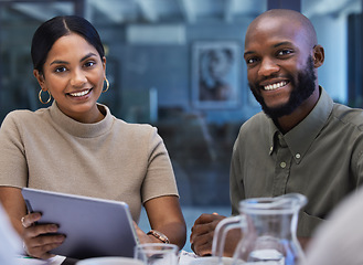 Image showing Portrait, business people and happy team on tablet in office for meeting, planning information or app in agency. Diversity, employees and smile on digital technology for online research collaboration