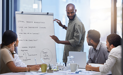 Image showing Business, whiteboard presentation and black man as leader in training, feedback and planning ideas in discussion. Seminar, brainstorming and marketing meeting in office, creative workshop or teamwork