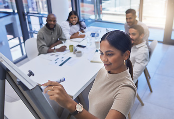 Image showing Business, woman and writing at whiteboard for meeting, presentation or planning collaboration from above. Seminar, brainstorming and female manager at board for training team in workshop for feedback