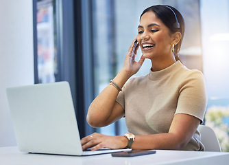 Image showing Agent, happy woman and video call at laptop in office for customer service, sales consulting and questions. Telemarketing, female consultant and communication at computer for virtual telecom advisory