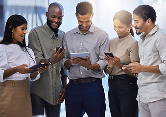 Image showing Business people, group and technology on tablet, phones and mobile planning in office together. Happy employees, diversity and team in digital collaboration, sharing data or download media on web app