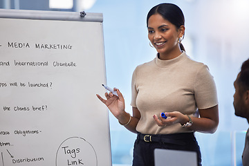 Image showing Business, happy woman and leader at whiteboard for discussion, planning presentation and feedback in meeting. Marketing seminar, brainstorming and female manager training team in creative workshop