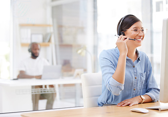 Image showing Call center, computer and happy woman, virtual consultant or advisor in customer support, online advice or office chat. Help desk communication, business agent and person on desktop pc in workspace