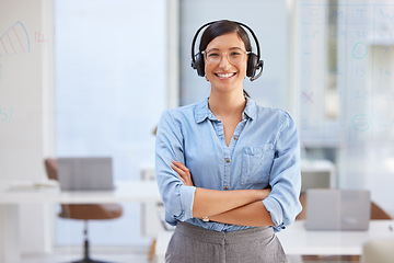 Image showing Call center, woman portrait and arms crossed in office for virtual communication, business support or telecom. Happy agent, web advisor or young person in online consulting, agency and advice or chat