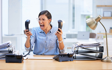 Image showing Angry, scream and business woman on telephone for secretary career stress, frustrated and mental health problem. Shout, anxiety and anger of professional worker or person with burnout on phone call