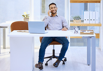 Image showing Communication, businessman on smartphone and talking to a customer for support at his desk in a office at workplace. Networking or connectivity, consulting and man on a cellphone at his workspace