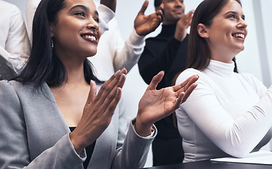 Image showing Business people, applause and meeting for presentation, teamwork or collaboration together at the office. Hand of happy group clapping for team motivation, success or corporate goals at the workplace