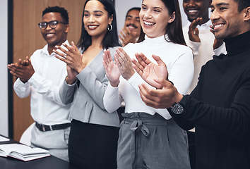 Image showing Happy, business people and applause in meeting for presentation, teamwork or collaboration together at office. Hands of group clapping for team motivation, success or corporate goals at the workplace