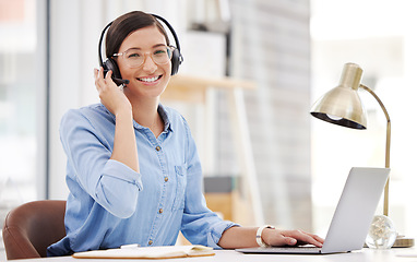 Image showing Call center, portrait and woman employee with a smile from customer service and web help. Online consultation, happiness and crm consultant with internet support and laptop for agent consulting