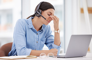 Image showing Business, laptop and woman with a headache, burnout and medical problem in the workplace. Female person, employee and agent with a migraine, pc and health issue with pain, fatigue and tech support