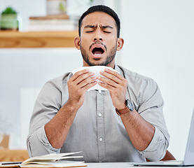 Image showing Sneeze, allergies and business man in office with tissue for sick, illness and healthcare. Allergy, flu and disease with corporate male employee blowing nose at desk for virus, sneezing and hayfever