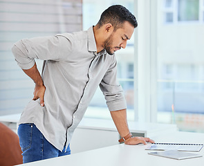 Image showing Back pain, man and office worker with muscle injury and accident from stress and burnout. Hurt, medical issue and male employee with spine inflammation and anxiety from bruise at work feeling tired