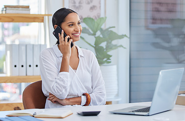 Image showing Business woman, company call and smile in a office with communication at a desk. Content manager, web worker and female person with a phone and connectivity for internet strategy conversation