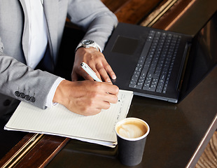 Image showing Business man, hands and writing at coffee shop with entrepreneur notes and journal. Schedule planning, morning and list of a freelance employee with a pen working on creative work ideas at cafe