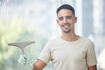 Image showing Portrait, happy man and cleaning window on day of for household, hygiene and chores on blurred background. Face, smile and male person with glass cleaner washing surface of his house on the weekend