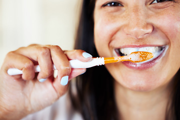 Image showing Woman, brushing teeth and smile in portrait, bathroom or cleaning with foam, dental wellness and morning. Girl, toothbrush and product for mouth, gums and health with routine, self care and happiness