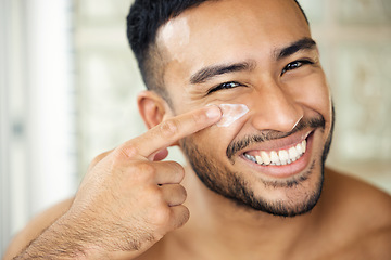 Image showing Man, bathroom and skincare with moisture, portrait and smile for health, cosmetics and self care in morning. Indian guy, skin wellness and youth for natural glow, cream and happiness with routine