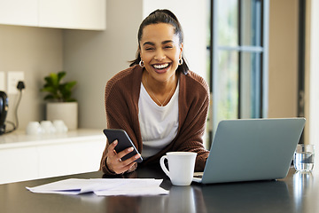 Image showing Technology, woman smile with smartphone and documents with laptop on kitchen counter of her home. Connectivity, networking and remote work with happy female person with paperwork on table with phone
