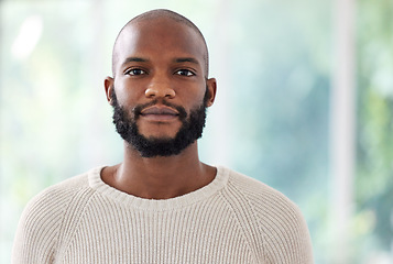 Image showing Black man with serious face in portrait, vision and confidence with empowerment and mockup space. Young African male person, determined with focus and confidence, ambition and casual fashion