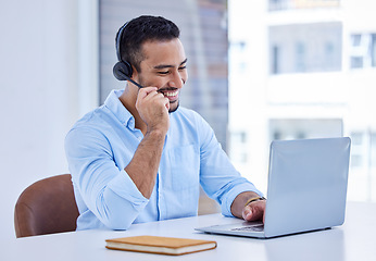 Image showing Call center, laptop and man, agent or consultant talking, typing and technical support, advice or service in office. Happy web advisor, callcenter worker or asian person speaking or help on computer