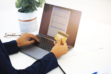 Image showing Credit card, laptop screen and man hands for invoice, online payment and budget or financial management in business. Office person on computer typing, banking or information for finance quote or loan